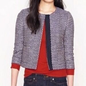 J. Crew Women's Silk Blend Tweed Collarless Navy Blue Blazer Jacket Classic Sz 8